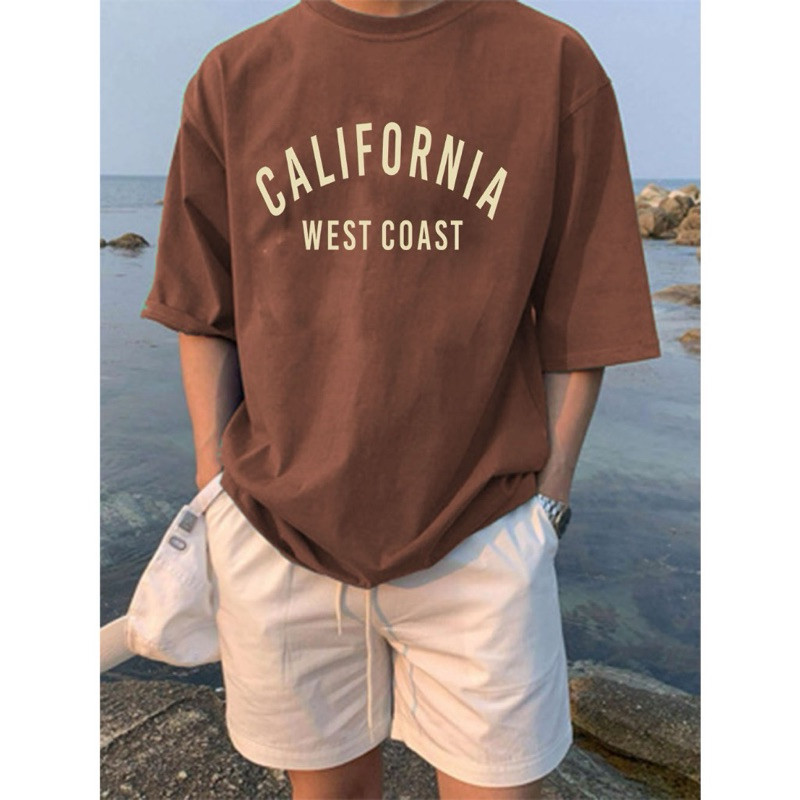 Camiseta Oversized California West Coast Streetwear Plus Size Algodão Moda Casual Estilo Basic Caqui