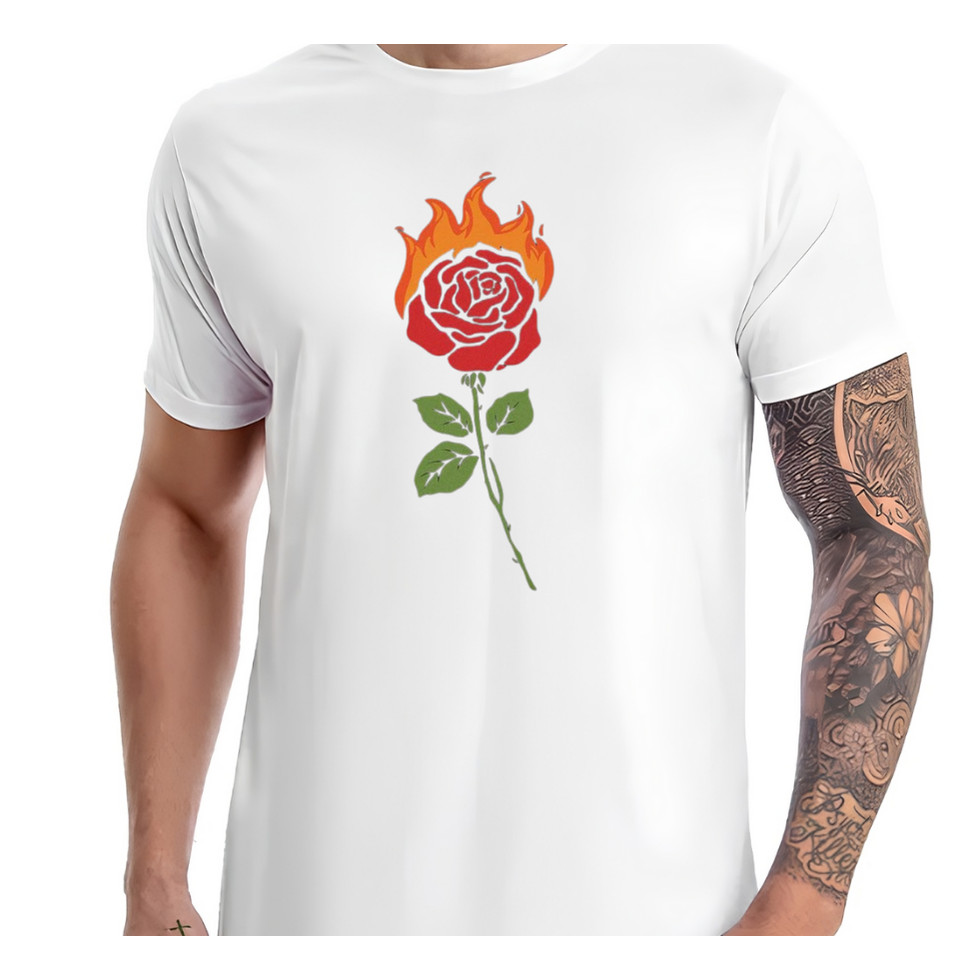 Camiseta - Rosa em chamas - Basic, Art, Flor