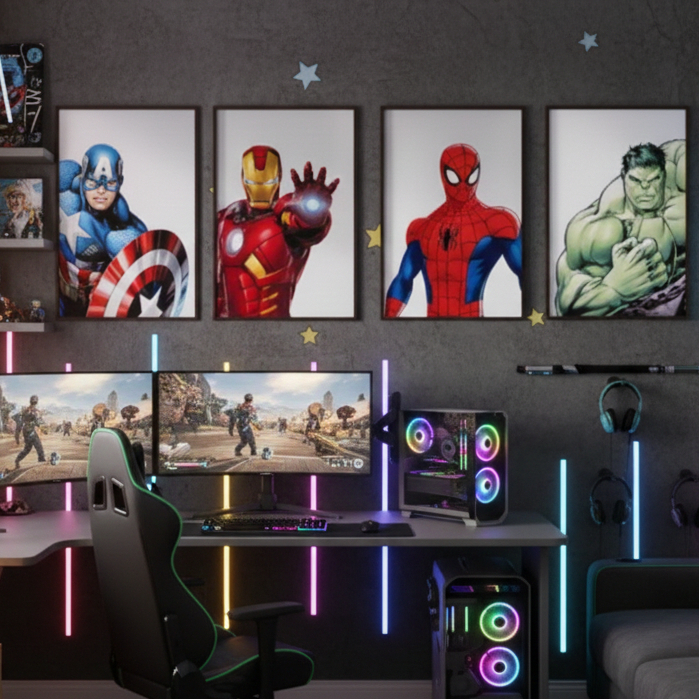 kit 4 Quadros Decorativos Herois Da Marvel Infantil Iron man,Capitão America,Spider man,Hulk 4 peças Para Sala Quarto