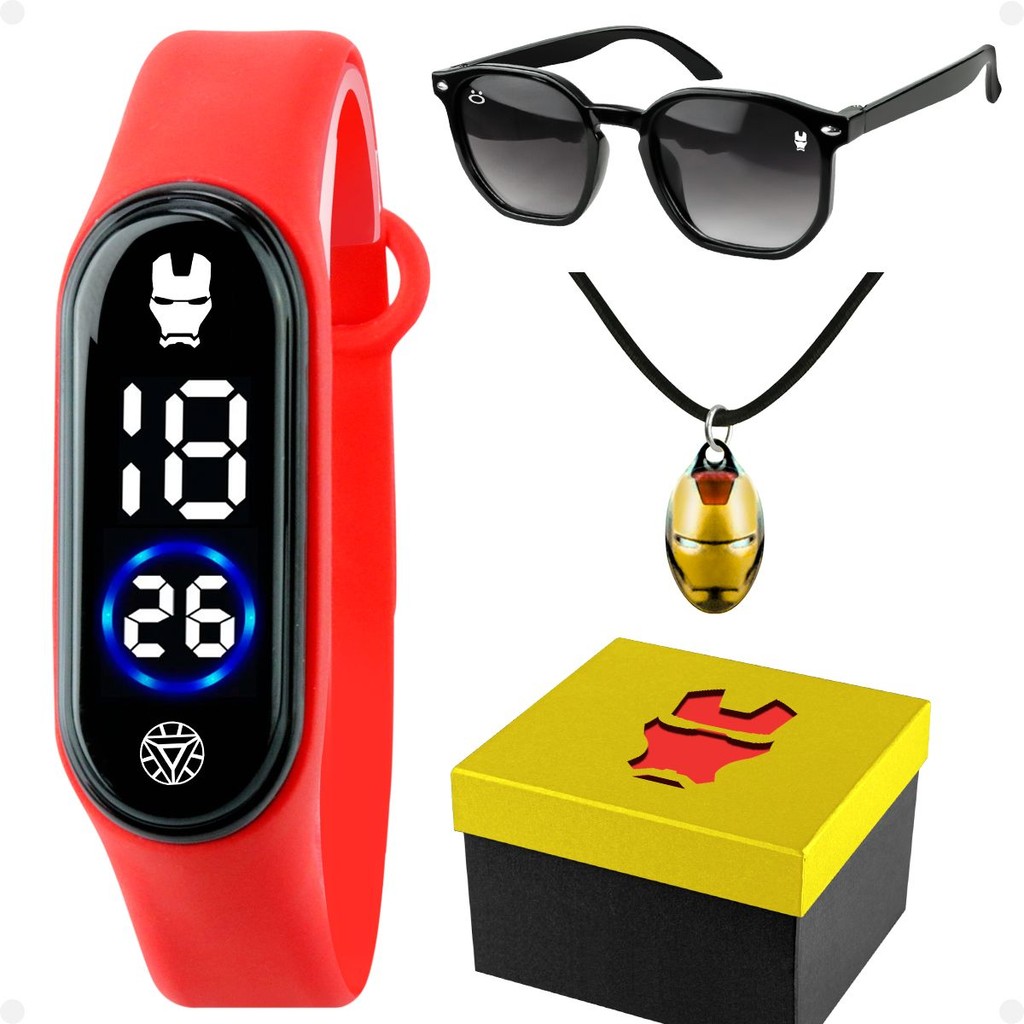 Relogio Infantil Digital Iron Man + Caixa + Oculos + Colar qualidade premium silicone acetato menino