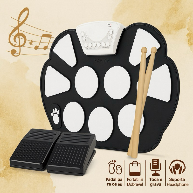 Bateria Musical Eletrônica Portátil em Silicone Dobrável com Par de Baquetas e Pedais Exbom EMT-S9