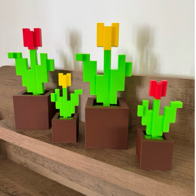 Vaso de Flor Tulipa Pixel Art | Decoração Setup Gamer e Festa | Estilo Blocos 3D