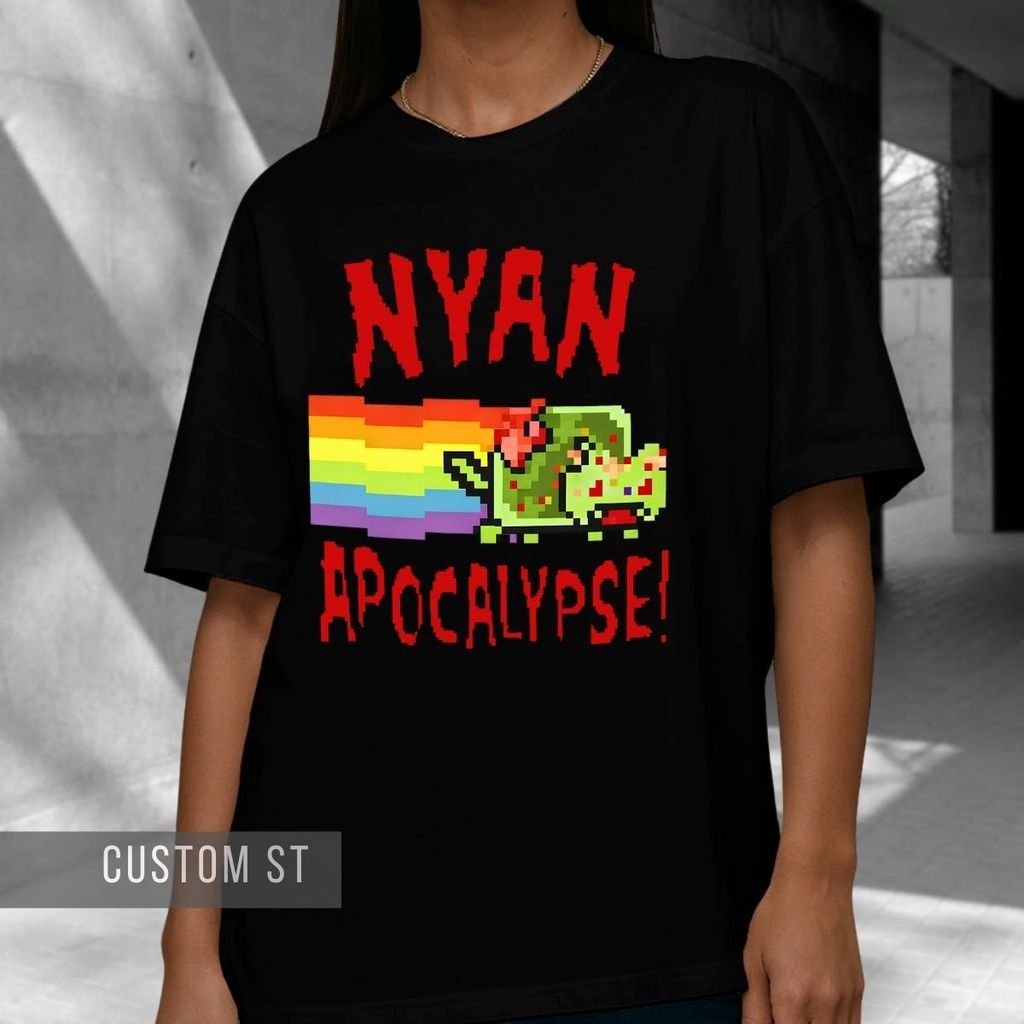 Camiseta Meme Nyan Cat Apocalypse Zombie Meme Pixel Art Geek Funny Gaming  100% Algodão
