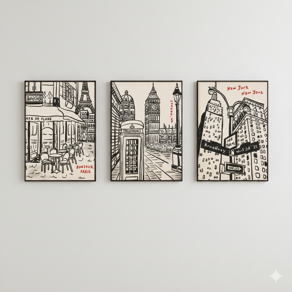 Quadros decorativos Retro moda estilo sangramento de tinta londres paris nova york cidade (3 peças)