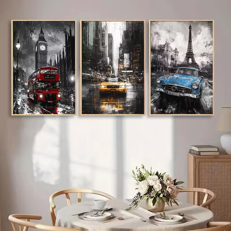 Kit 3 Quadros Cidades Londres Paris Nova York Decoração Sala Quarto Viagem Retrô Ônibus Táxi