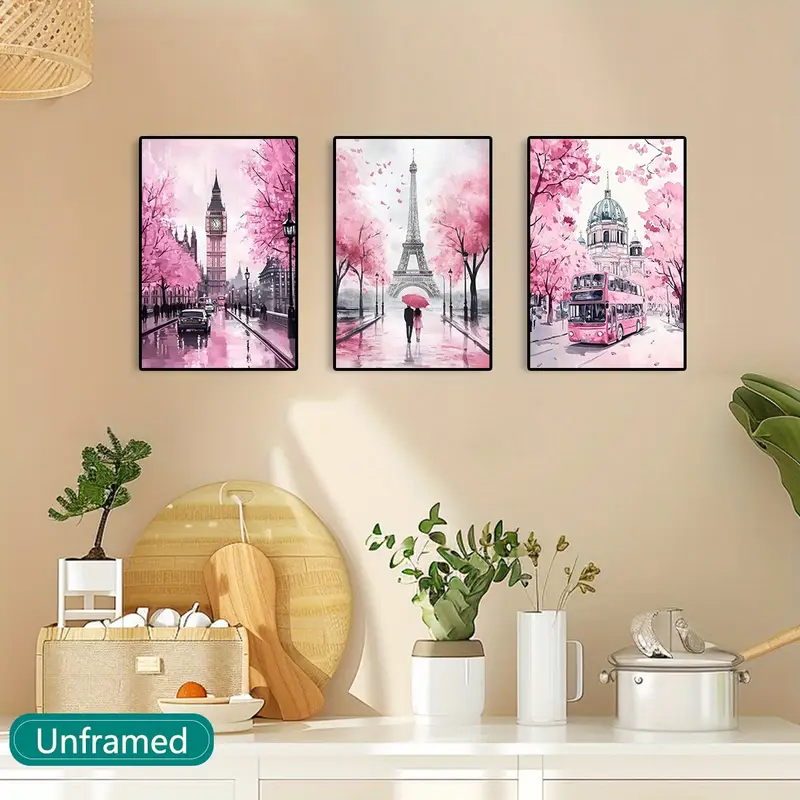 Painel Torre Eiffel Big Ben Cerejeira Aquarela Pink Decoração Moderna Kit 3 Quadros Paris Londres