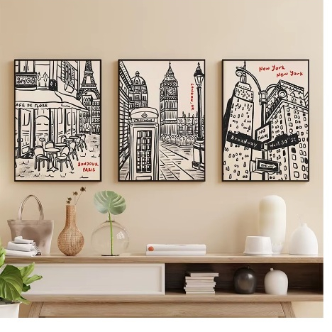 Quadros decorativos Retro na moda estilo sangramento de tinta londres paris nova york cidade (3 peças)