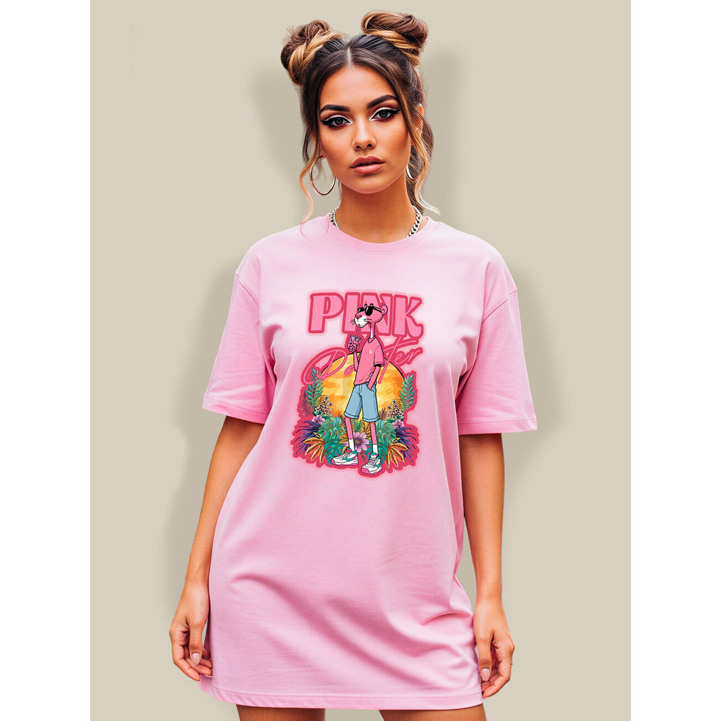 Blusão Oversized Feminino Rosa Gola Canelada Street 100%Algodão Estampa Pantera Cor de Rosa Blusão Vestido Academia Shap