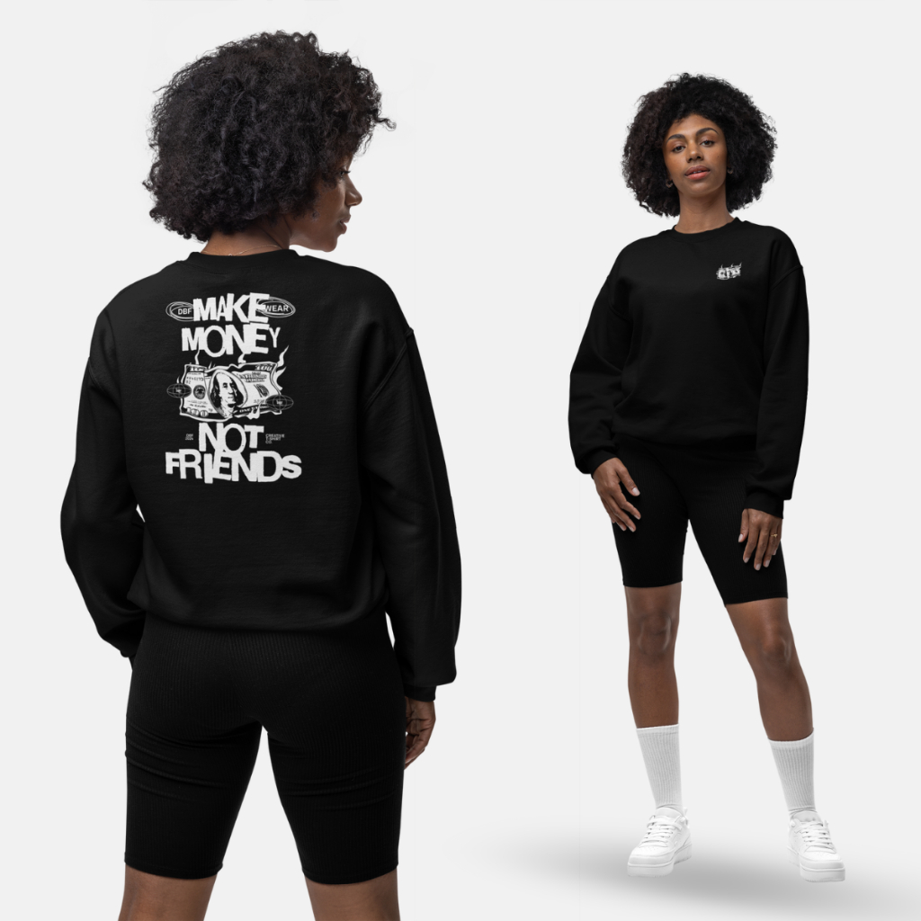 Blusa Moletom Branco Preto Feminino Masculino Oversized Street Wear Unissex Gola Careca Algodão Flanelado Estampado Make Money Not Friends