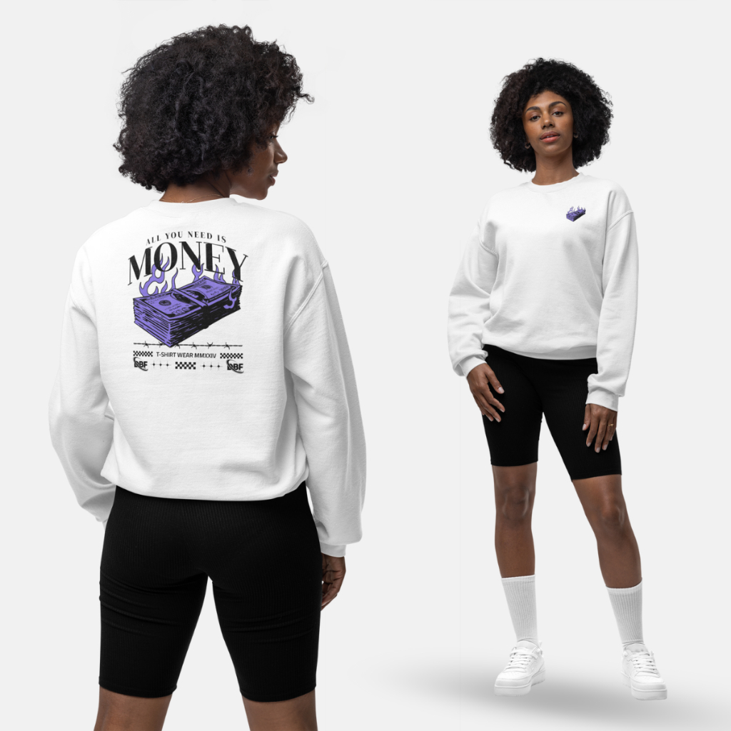 Blusa Moletom Branco Preto Feminino Masculino Oversized Street Wear Unissex Gola Careca Algodão Flanelado Estampado Money