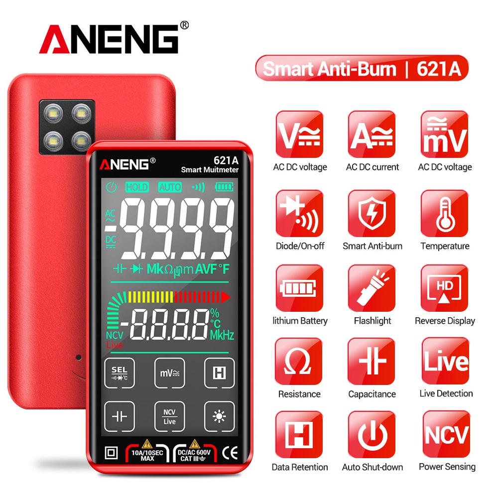 ANENG 621A Multímetro Digital Inteligente com Tela Touch, Medidor True RMS 9999-Contagem, Auto-Ranging para Tensão
