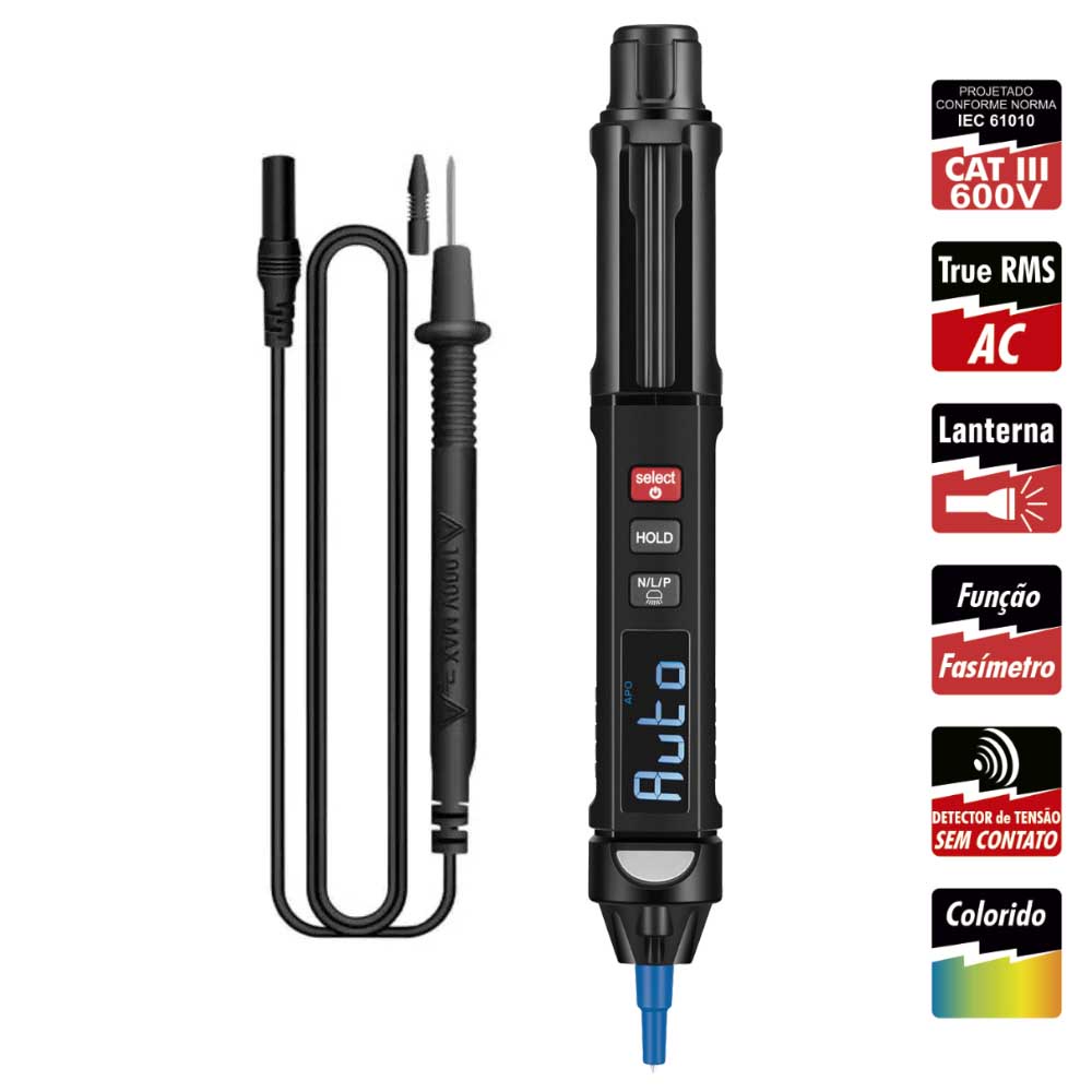 Caneta Detector de Tensão Multímetro MINIPA EZVOLT3 True-RMS AC LCD 3 3/6 CAT III 600V