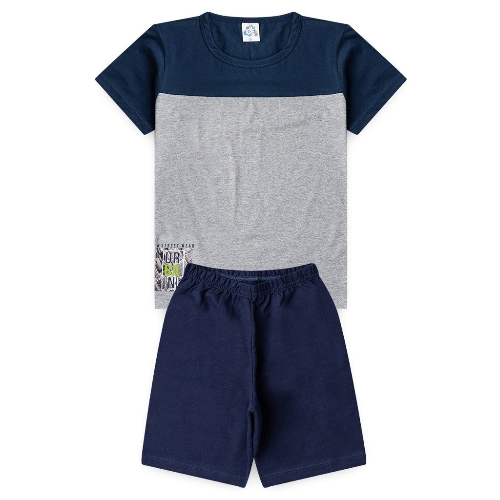 Conjunto Infantil de Verão para Menino Camiseta Meia Malha com Recortes Bicolor Urban City Bermuda Moletinho