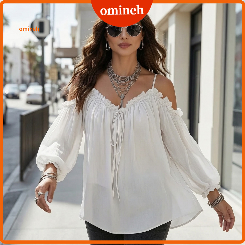 Loose Style Summer Tops Lightweight Shirt Women’s Fit Puff Sleeve Blouse Off Shoulder Pullover Top Solid Color for Wor