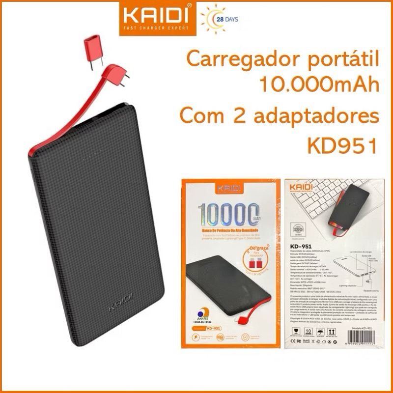 Bateria Portátil Power Bank com cabo e adaptador Tipo C e Lightning iPhone 10.000mAh KAIDI KD-951/5000mAh.kD-952