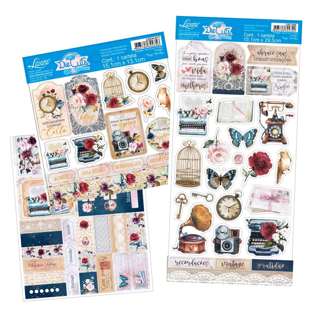 Kit 2 Die Cuts LDCH017, LDC040 +1 Adesivo ADL-026 Memórias Vintage - Litoarte