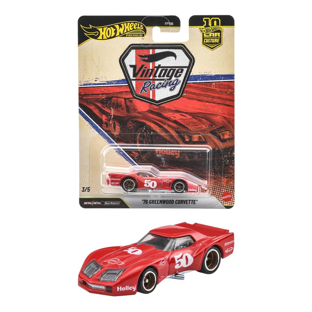 Hot Wheels Car Culture Vintage Racing '76 Greenwood Corvette die‑cast toy car, Ages 3+, JKF24