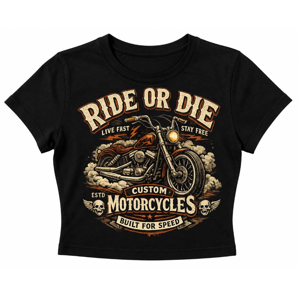 Baby Tee Preta Estampa Vintage Motorcycle – Ride Or Die Feminina