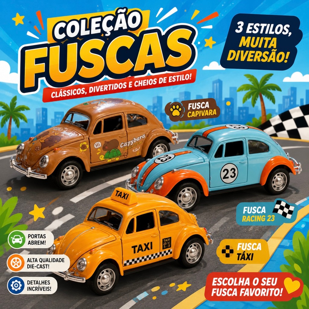 Fusca Miniatura em Metal Die-Cast – Carro Colecionável Estilo Vintage-Portas que Abrem