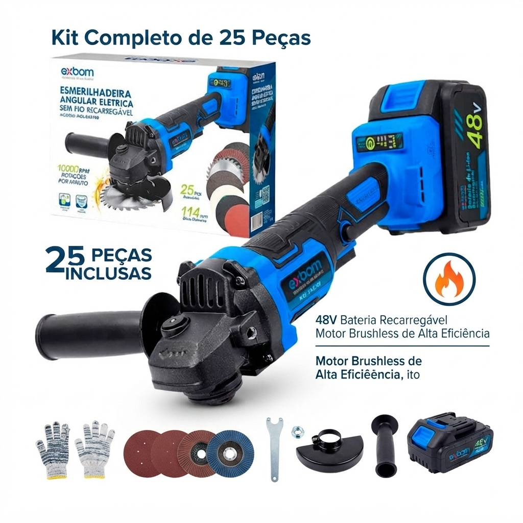 Esmerilhadeira Lixadeira Angular a Bateria 48V Brushless Kit Completo com Maleta e Acessórios 25 Peças EXBOM