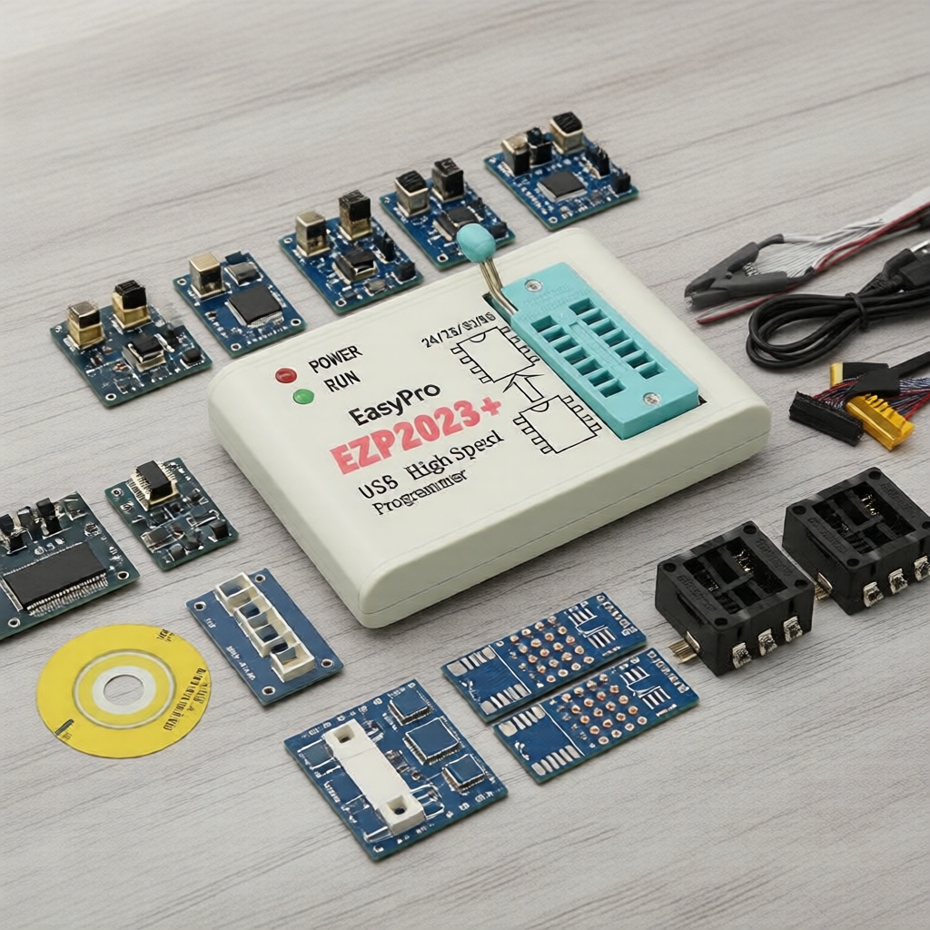 O EZP2023 USB SPI Programmer com 12, 15 e 18 adaptadores, além de suporte para 24, 25, 93, 95 EEPROM, Flash e BIOS, é