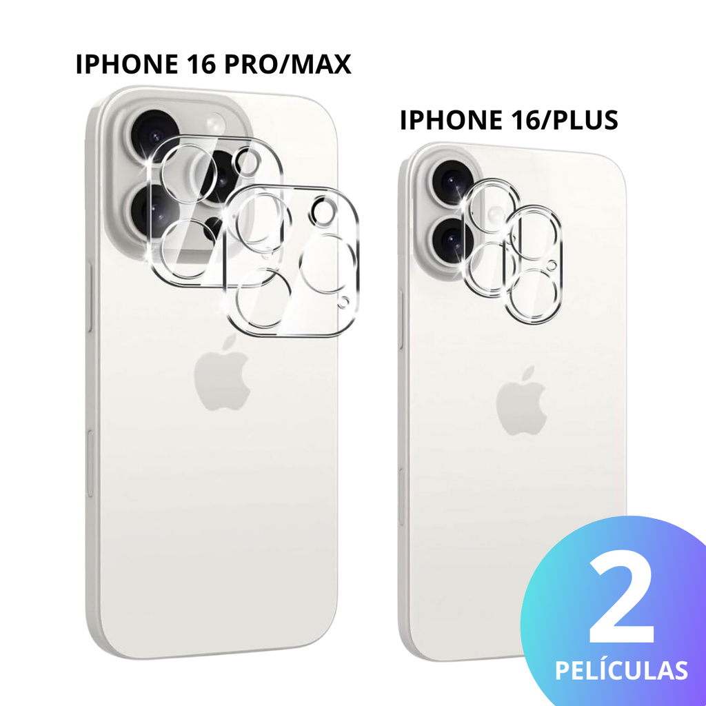 Kit 02 Película De Vidro 3D Proteção De Câmera Traseira Para iPhone 16 / Plus / Pro / Max