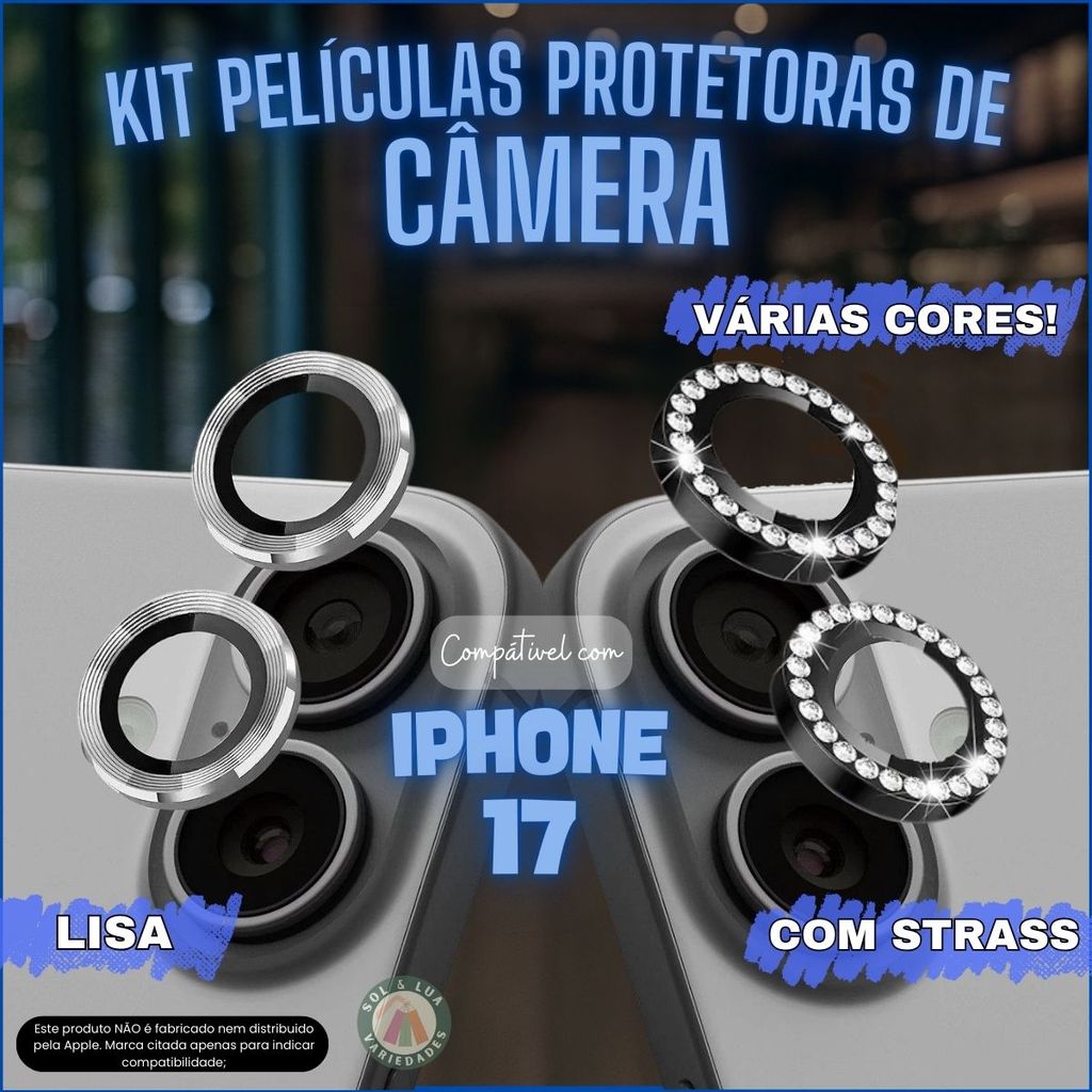 Película Protetora de Câmera compatível com Iphone 17 Lisa Strass Diamante Brilho Kit 2 peças