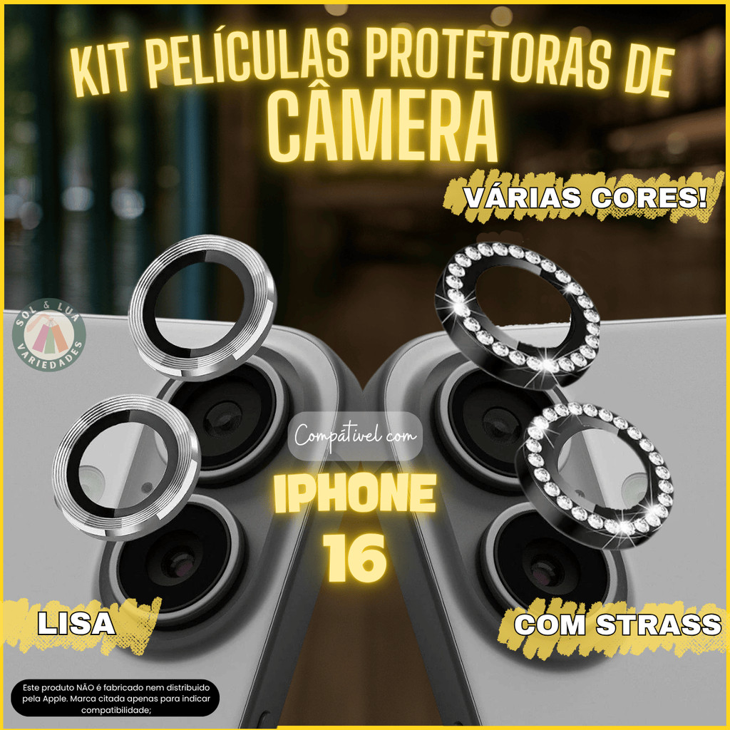 Kit Película de Câmera compatível com Iphone 16 Lisa Strass Diamante Brilho 2 peças