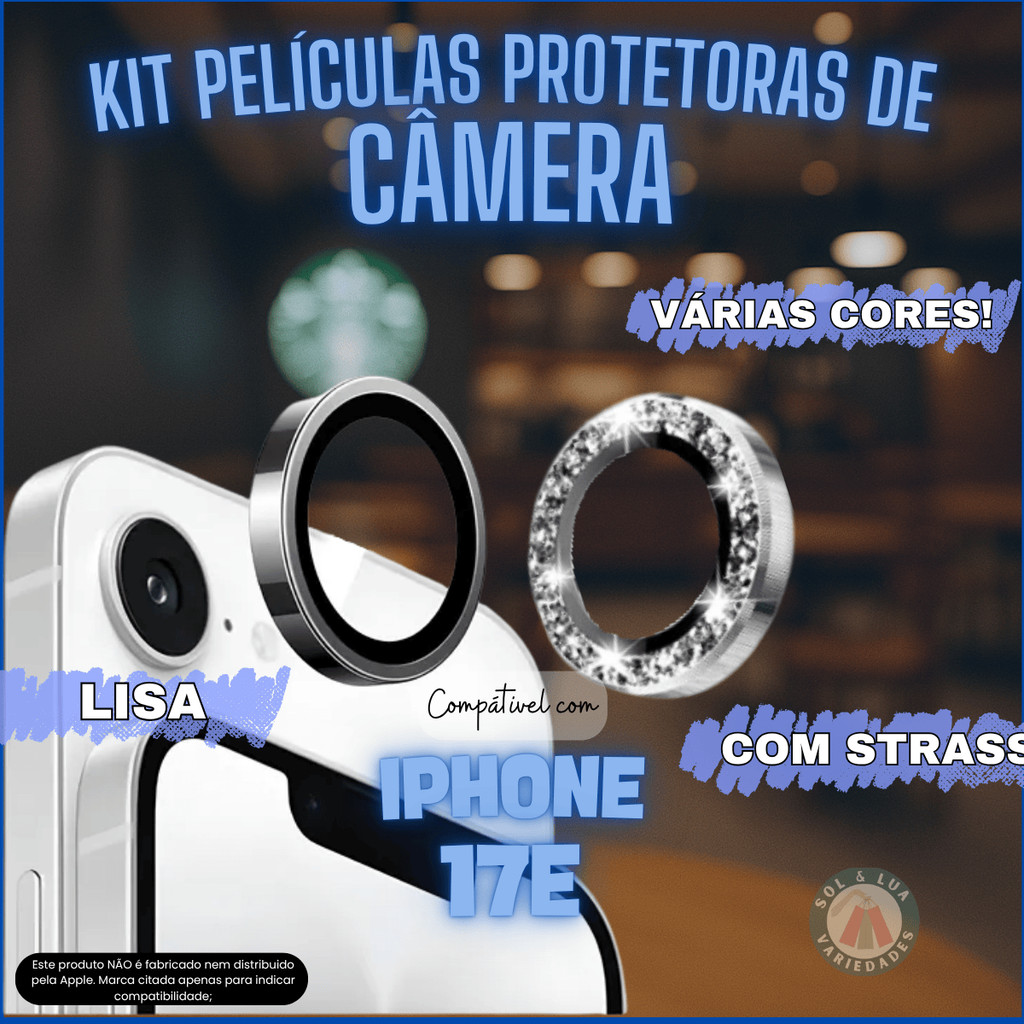 Película de Câmera compatível com Iphone 17E 17 E Lisa Strass Diamante Brilho
