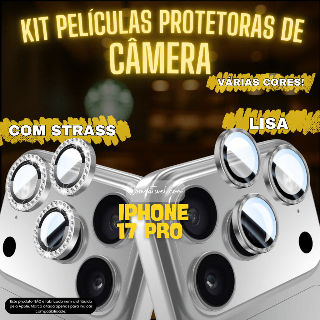 Película de Câmera Compatível com IPhone 17 Pro Lisa Strass Diamante Brilho