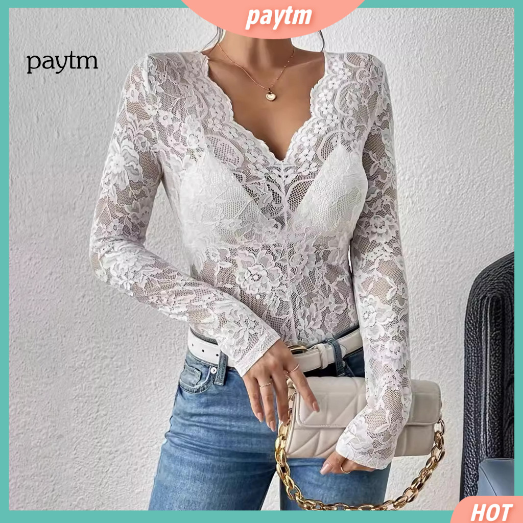 Women Lace Tops Handmade Pattern Top Women’s V-neck Long Sleeve See-through Floral Slim Fit Pullover Stylish Layering