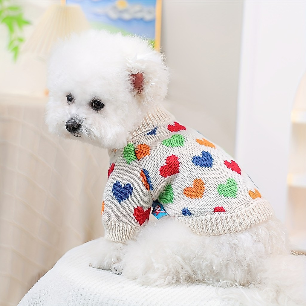 1pc Universal Pet Sweater for Cats and Dogs, Cute Colorful Heart Knitted Pullover for Bichon Frise, Pomeranian, and Smal