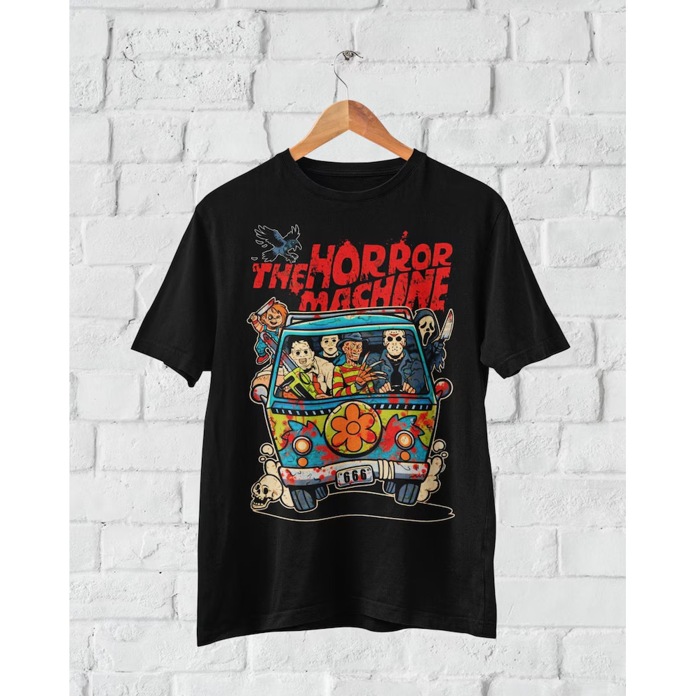 Camiseta Preta 100% Algodão Estampa The Horror Machine Kombi Hippie Personagens De Terror Estilo Retrô Uso Casual Para F