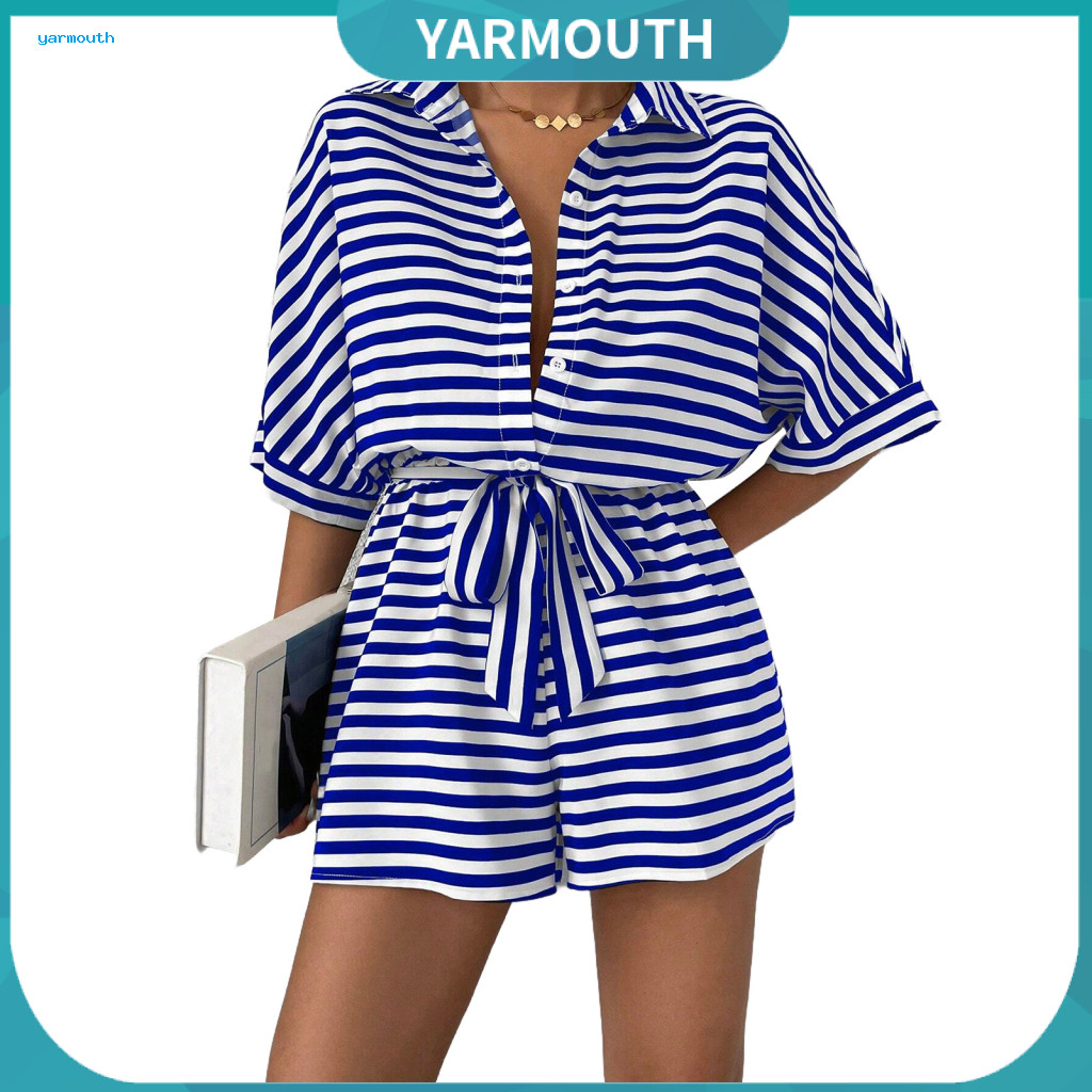 Women Romper Loose Fit Jumpsuit Summer Women’s Striped – Contrast Color Lace-up Elastic Waist Short Sleeves Turn-dow