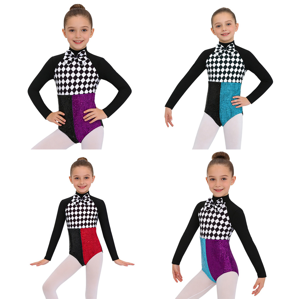 inhzoy Kids Girls Mad Hatter Dress Up Jumpsuit Long Sleeve Checkerboard Bow Tie Contrast Color Shiny Sequins Bodysuit