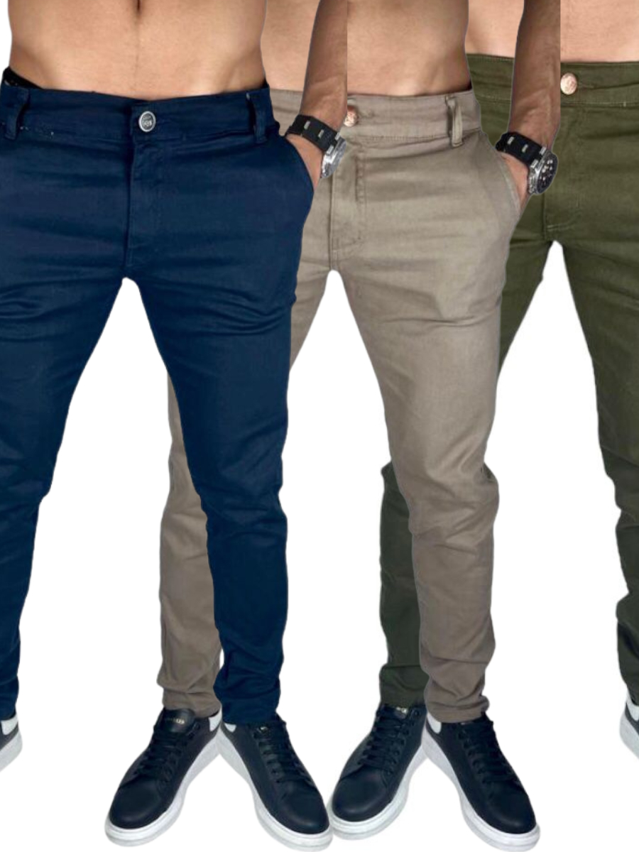 Calça Sarja Masculina Chino Kit com 3 Peças versátil com desconto e melhor preço com garantia
