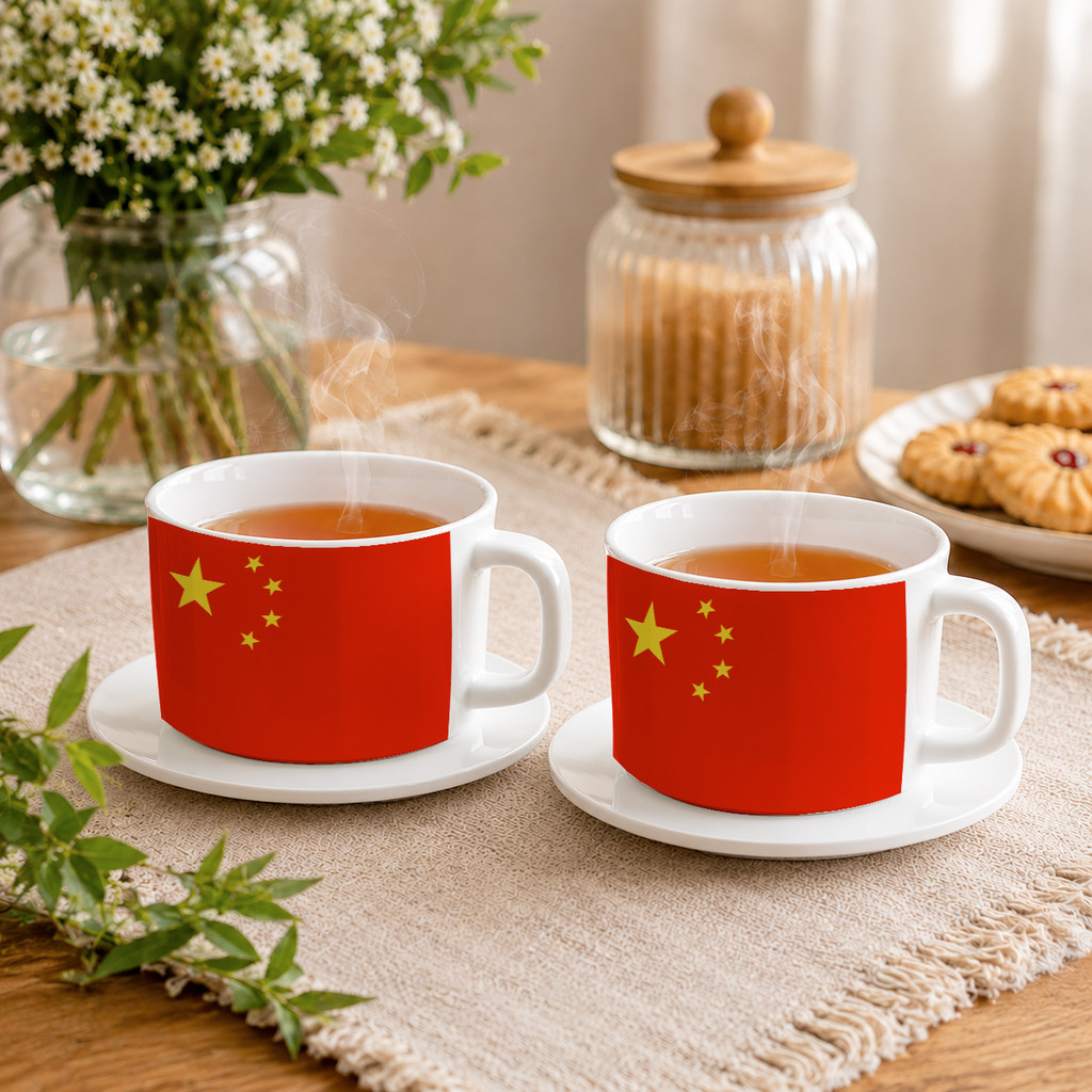 Kit 2 Xícaras com Pires China Bandeira Chinesa País Cultura