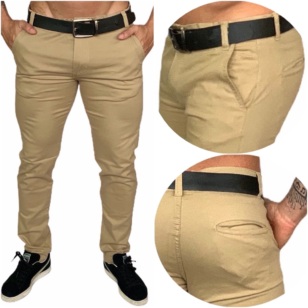 Calça Básica Masculina Chino Em Sarja Bege - Black Friday