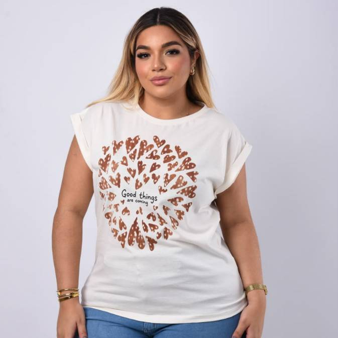 Blusa Feminina Manga Japonesa Plus Size Corações Good Things 100% Algodão G2