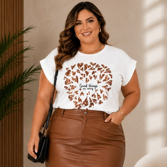 Blusa Plus Size Manga Japonesa Estampa Corações Good Things Tecido 100% Algodão Moda Aesthetic Clean