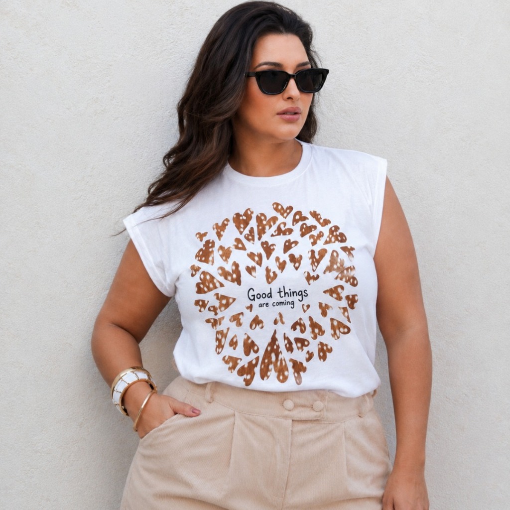 T-shirt Blusa Feminina Manga Japonesa Plus Size 100% Algodão Estampada Corações Good Things