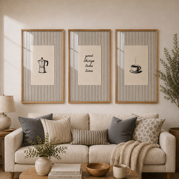 Kit 3 Quadros Decorativos Cafeteira Italiana Frase Good Things Take Time Cozinha Cantinho do Café
