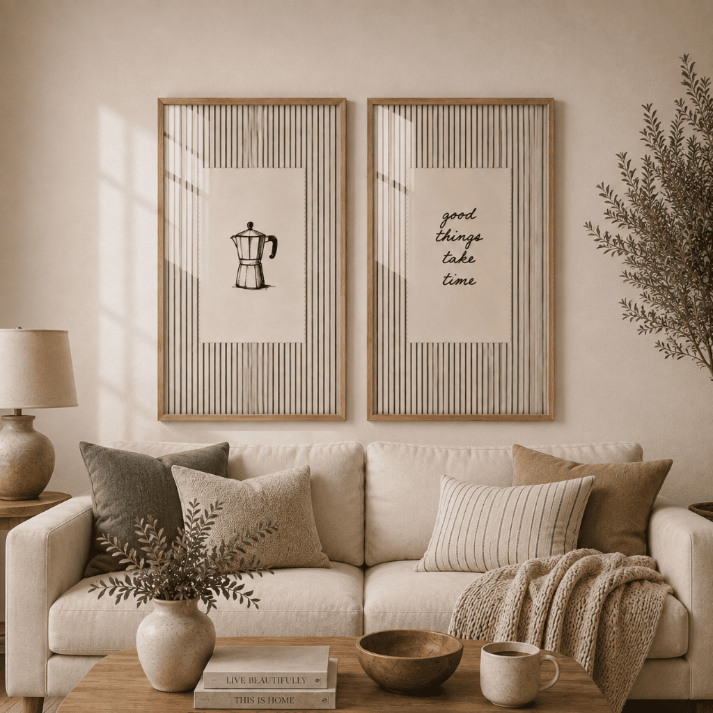Kit 2 Quadros Decorativos Cafeteira Moka Italiana Frase Good Things Take Time Minimalista Para Cantinho Do Cafe Sala