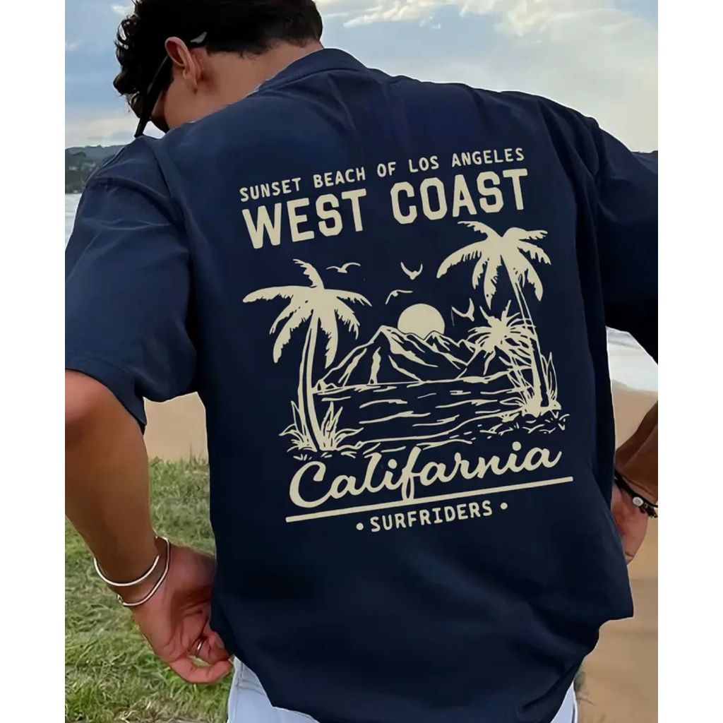 Camiseta Masculina Vintage West Coast Califórnia Surfista Praiana Algodão Oversized