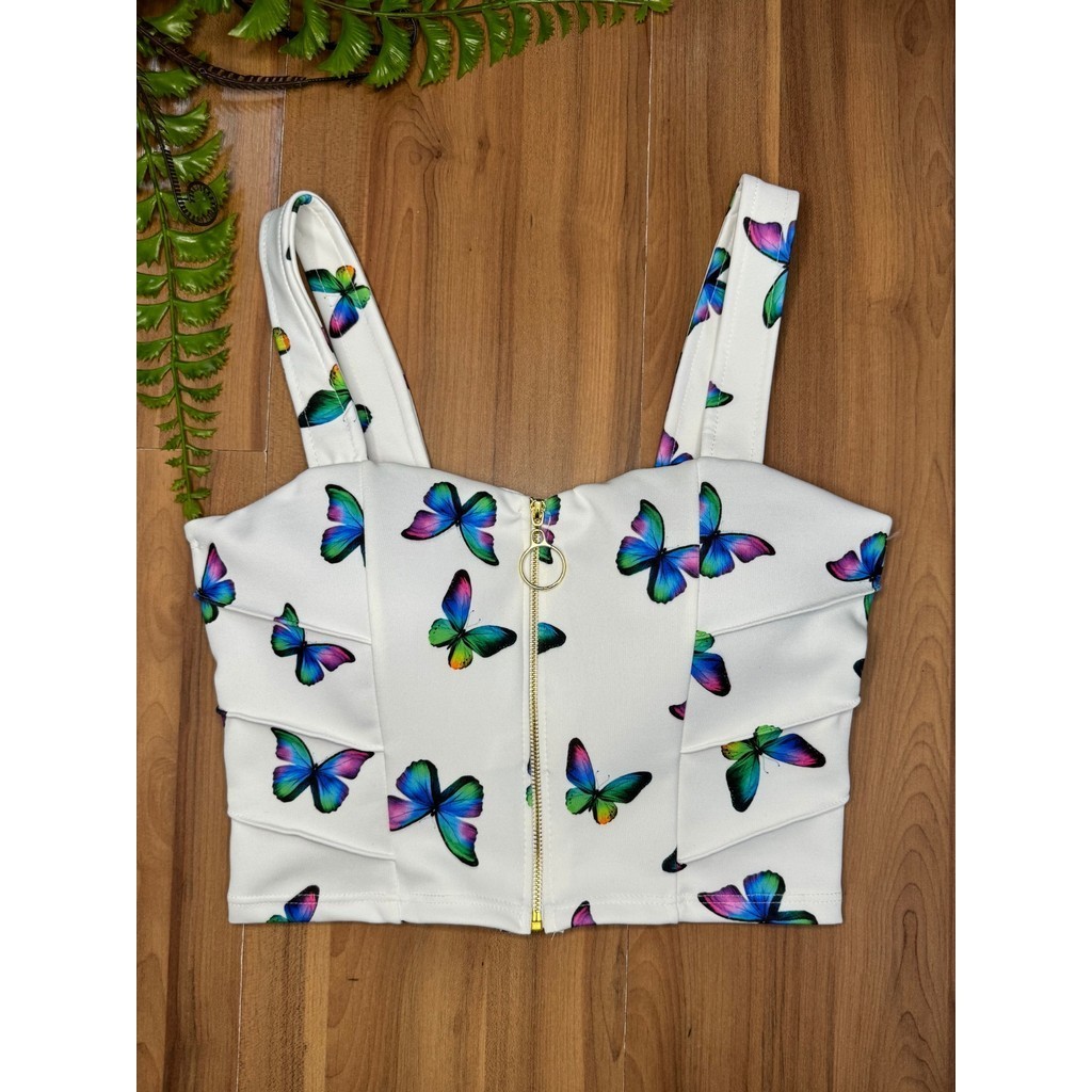Cropped Feminino Suplex Top Zipper Estampado em Borboleta Com Bojo Fashion Strella Modas Moda