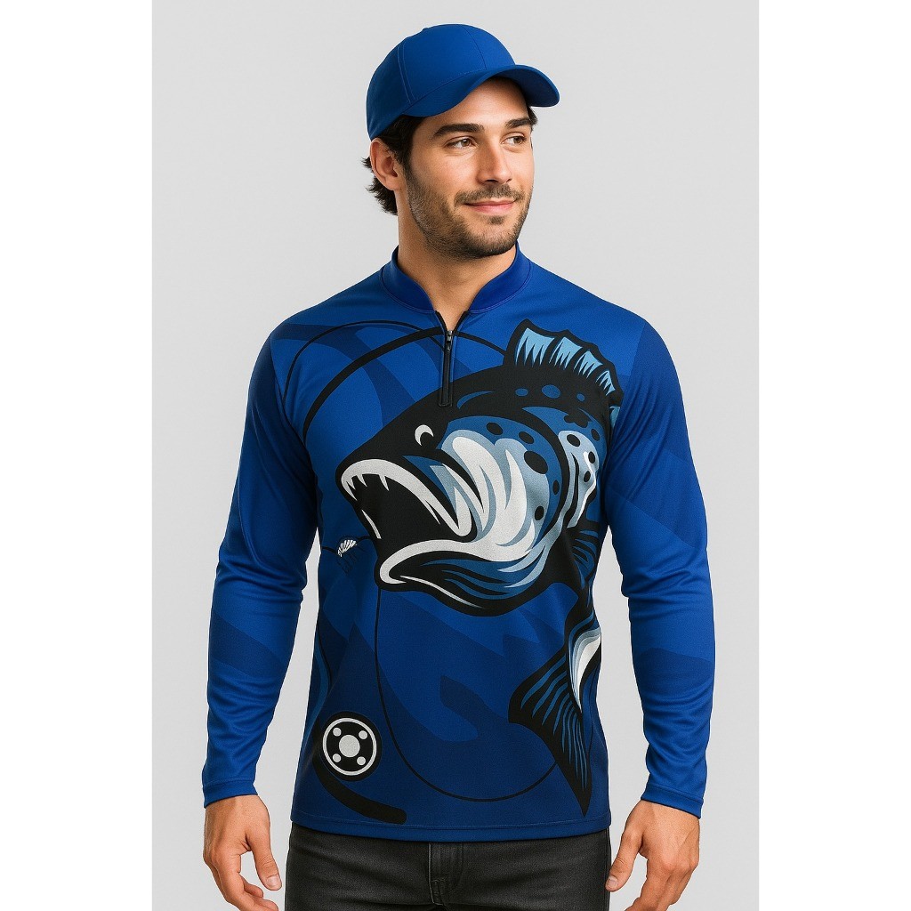 Camisa  Masculina e Feminina Uv Proteção Solar Estampa Peixe Pescaria Com Zipper, pescador