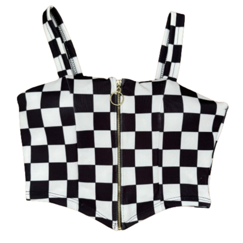 Strella Modas Suplex Estampado Xadrez Zipper Corset Country Elegante Fashion Top Cropped Alça Larga Feminino