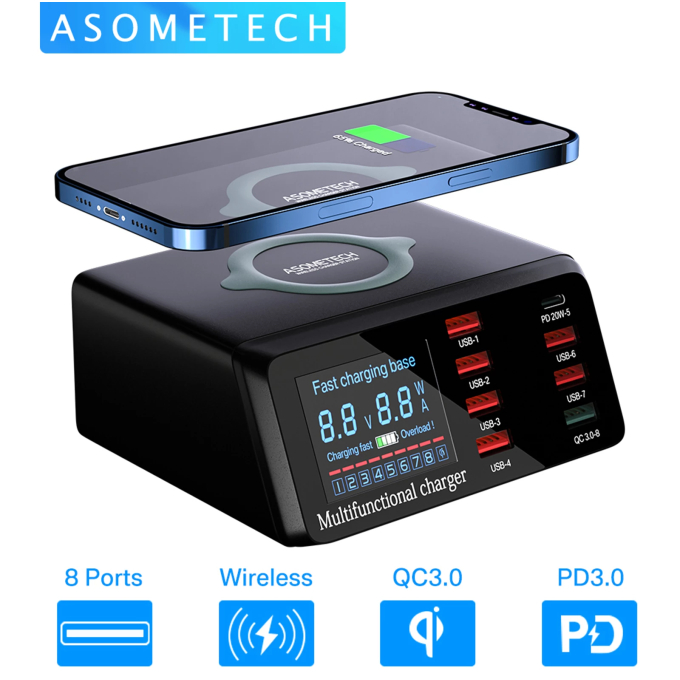 Estação de Carregamento Wireless Fast Charger X9 8 Portas Usb com Turbo Qc3.0 Compatível Com Todos os Modelos de Celulares