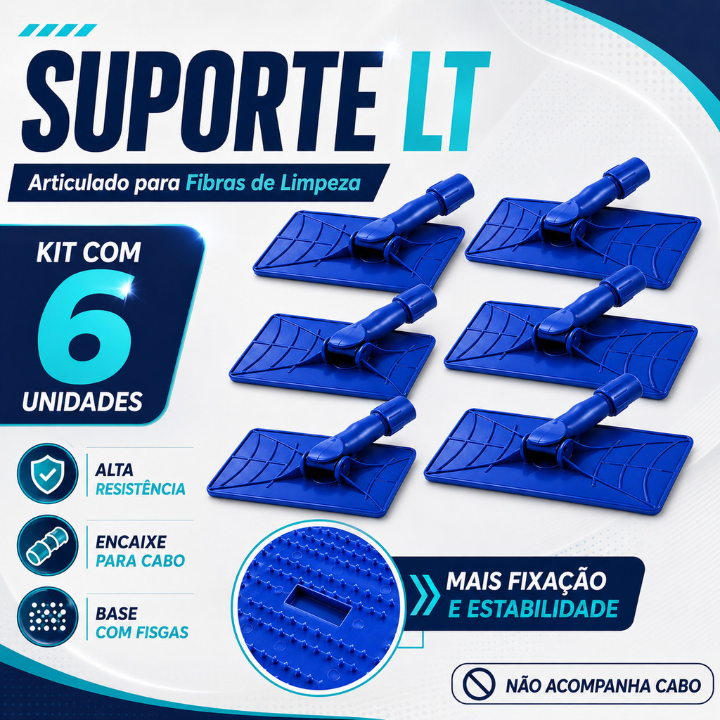 Kit 6 Suporte LT Limpeza Pesada Fibra Verde Abrasiva Articulado Rodo Suporte Sem Cabo Faxina