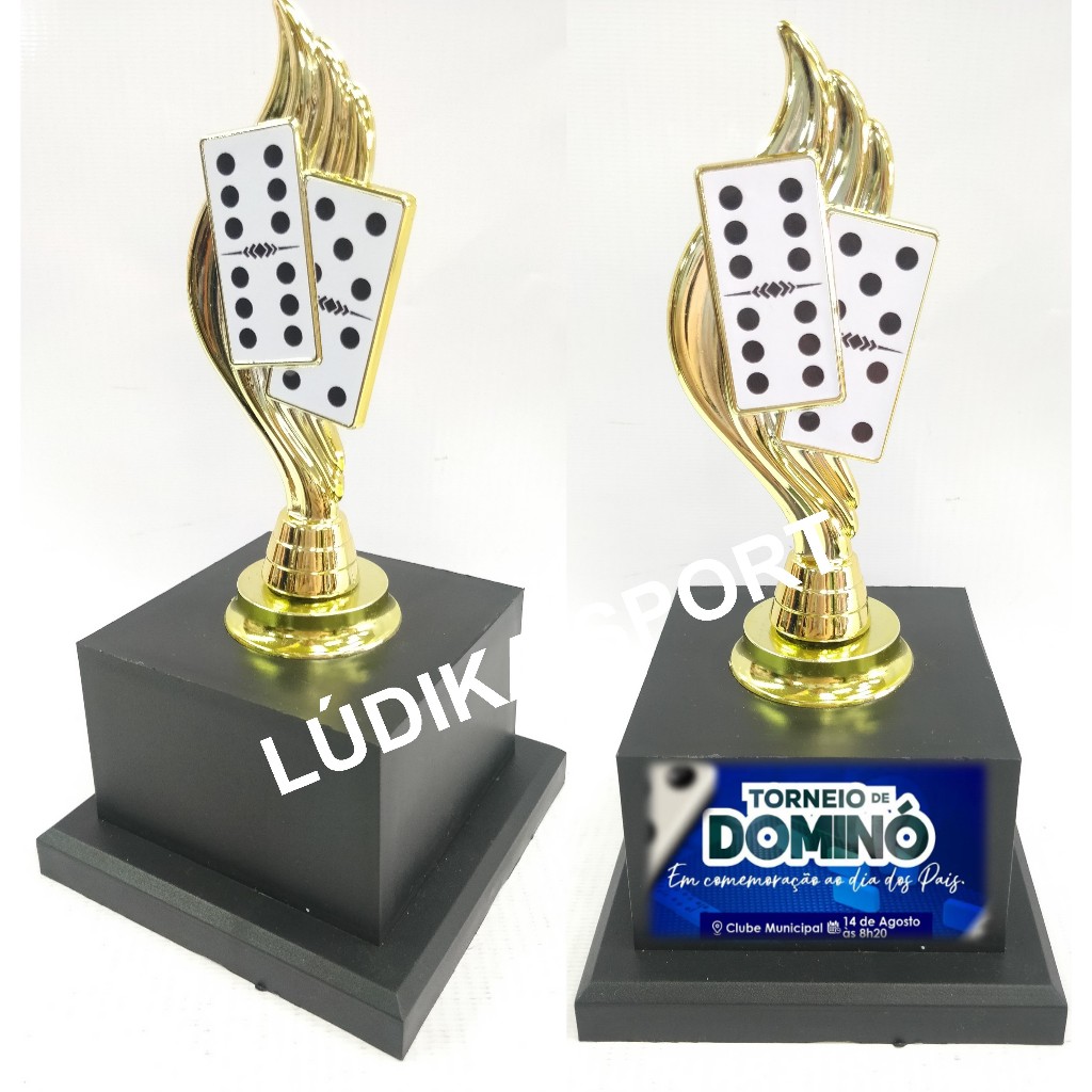 Troféu Dominó Ouro com Decalque Brilhante BJ1 - Base Pesada +400g - Fabricamos Adesivo - Recomendado: Dominó Clássico, Mano a Mano, Ponta de 5, Duplo-6, Duplo-9, Duplo-12, Duplas, Copa Millenium, Billy Bolt